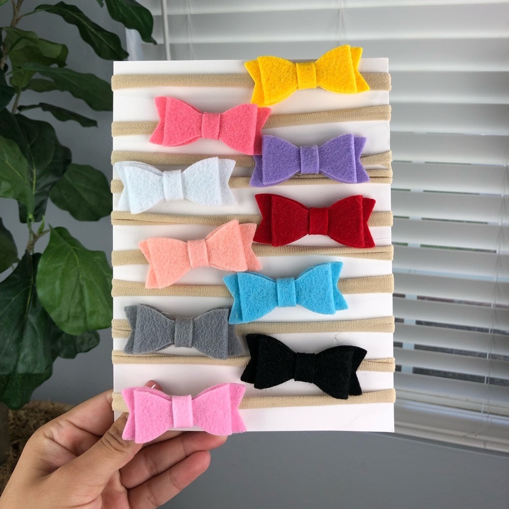 10 NEW GIRLS HOMEMADE FELT BOW HEADBANDS
